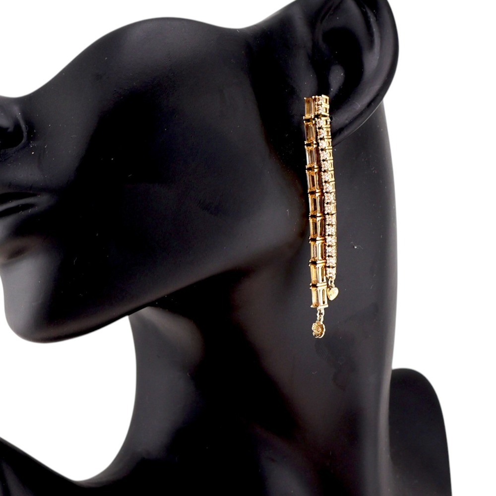 Coach Pavé Tea Rose Heart Linear Earrings Gold Crystal Drop Charms